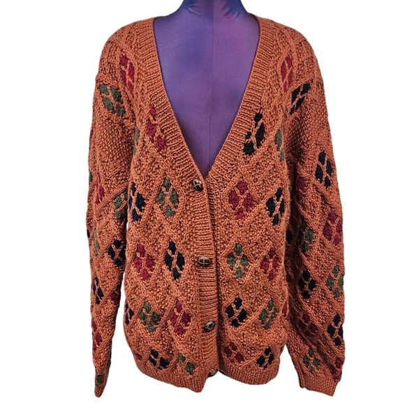 Vintage Baszio Rust Handknit Argyle 1/2 Button Grandpa Cardigan Size Large I76 - Picture 10 of 11